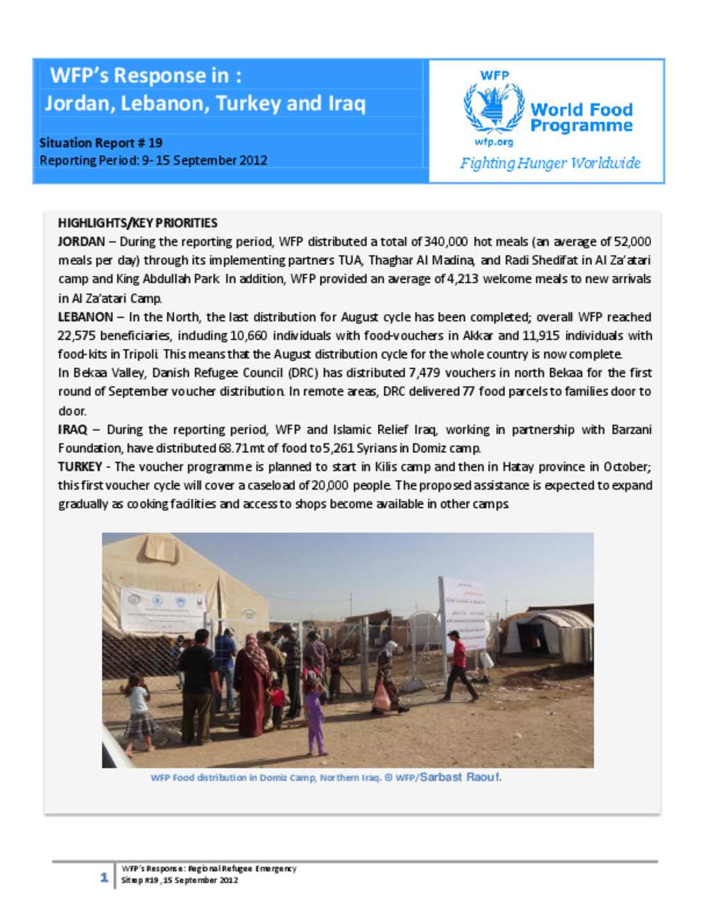 Document - WFP Response Inside and Neighbouring Countries: Jordan, Lebanon, Turkey Iraq Situation Report #