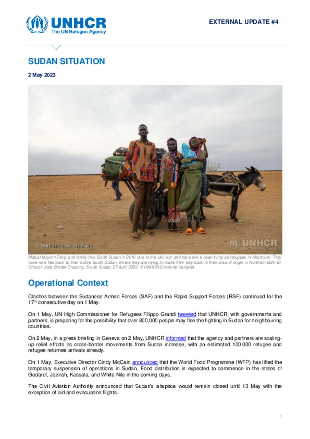 Document - Sudan Situation - UNHCR External Update #4 - 2 May 2023